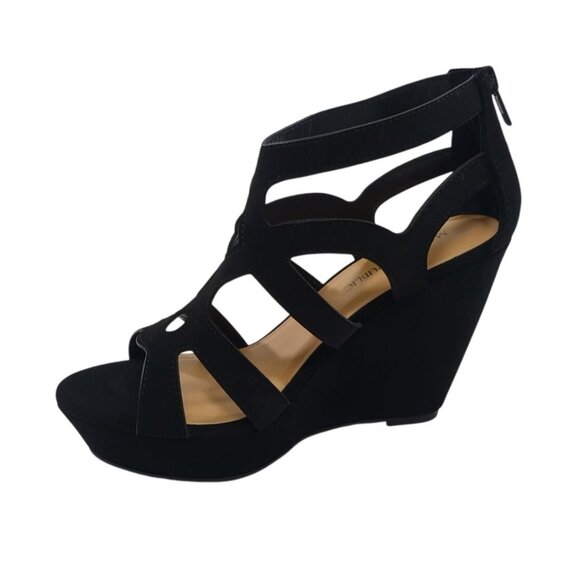 Black Strappy Open-Toe Wedge Sandals With Back Zipper Closure For Women, Size 8. - Picture 8 of 8